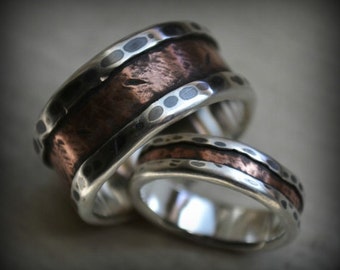 rustic wedding ring set - fine silver and copper - handcrafted - custom