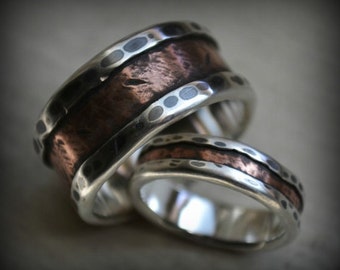 rustic wedding ring set - fine silver and copper - handcrafted and oxidized fine silver and copper wedding bands - customized