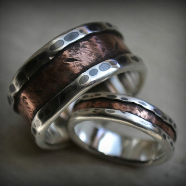 rustikales Trauring Set aus Feinsilber und Kupfer - Handarbeit - Custom