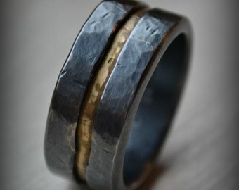 Mens wedding band, rustic fine silver and brass ring, handmade oxidized artisan designed wedding band, customized ring, custom hand stamping