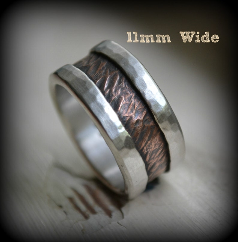 rustic wedding band fine silver and 14K rose gold handmade artisan designed wedding or engagement band oxidized ring customized image 7