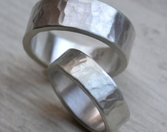 hammered silver wedding bands -  matte finish - handmade rustic sterling silver wedding band set - his and hers - customized