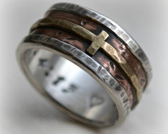 mens wedding band - rustic fine silver copper and brass or 14K yellow gold cross - handmade artisan designed Christian ring - custom