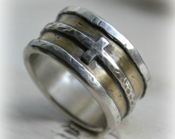mens wedding band - rustic fine silver, brass and sterling silver or 14K white gold cross - handmade ring - custom