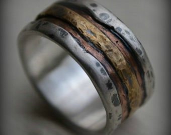 mens wedding band - rustic fine silver copper and brass or 14K gold core - handmade artisan designed - manly ring - custom