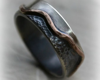 mens wedding band - handmade oxidized sterling silver and 14k rose gold mountain ring - custom