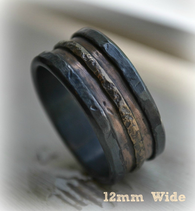 mens wedding band rustic fine silver 14K rose and yellow gold ring handmade artisan designed wide band ring manly ring customized image 1