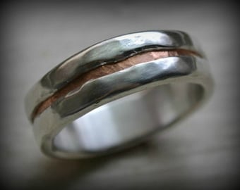 mens wedding band - handmade rustic fine silver and copper ring - custom
