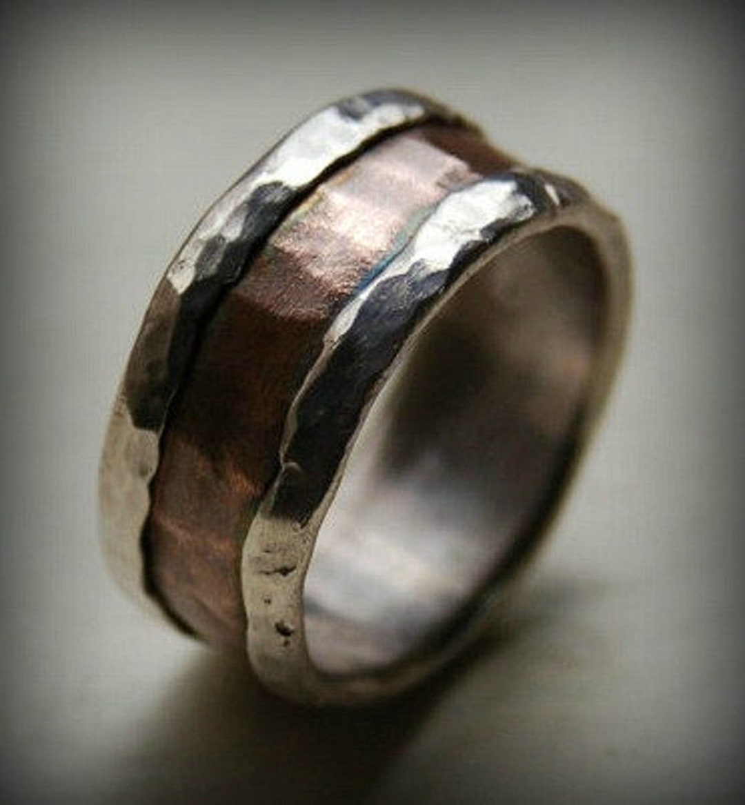Mens Wedding Band Rustic Fine Silver and Copper Ring Handmade