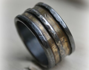 mens wedding band - rustic fine silver brass and sterling silver ring, oxidized, handmade wide band ring - manly ring - custom hand stamping