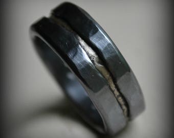 custom mens wedding band - oxidized fine silver and sterling silver ring - handmade hammered artisan designed wedding or engagement band