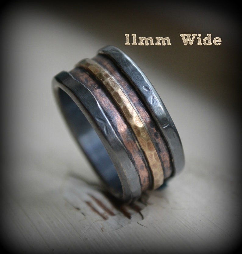 Mens wedding band rustic fine silver copper and brass or