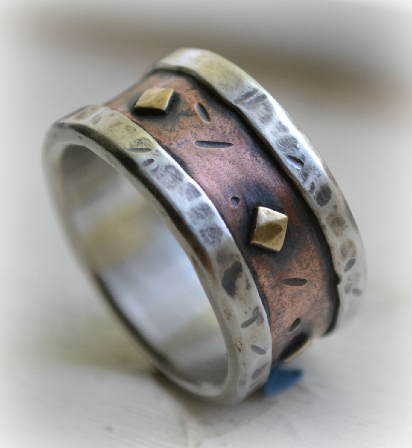 Metalsmithing Rustic Flame Colored Hand Cut and Textured Copper Flower Ring with Silver Accent Wide Band Size 7 Ring
