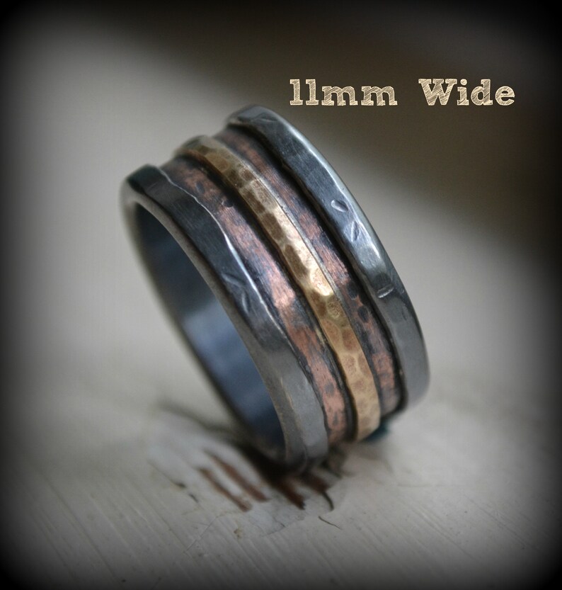 mens wedding band rustic fine silver 14K rose and yellow gold ring handmade artisan designed wide band ring manly ring customized image 5