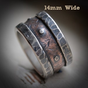 mens rustic wedding ring, rustic fine silver and copper or 14K rose gold ring with silver rivets, oxidized ring, industrial ring, customized image 5