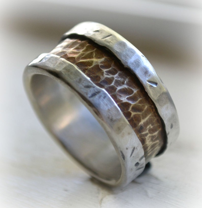 Mens wedding band rustic distressed fine silver and brass