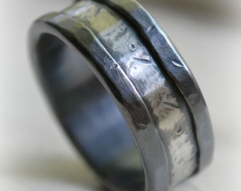 custom mens wedding band - oxidized fine silver and sterling silver ring - handmade hammered artisan designed wedding or engagement band