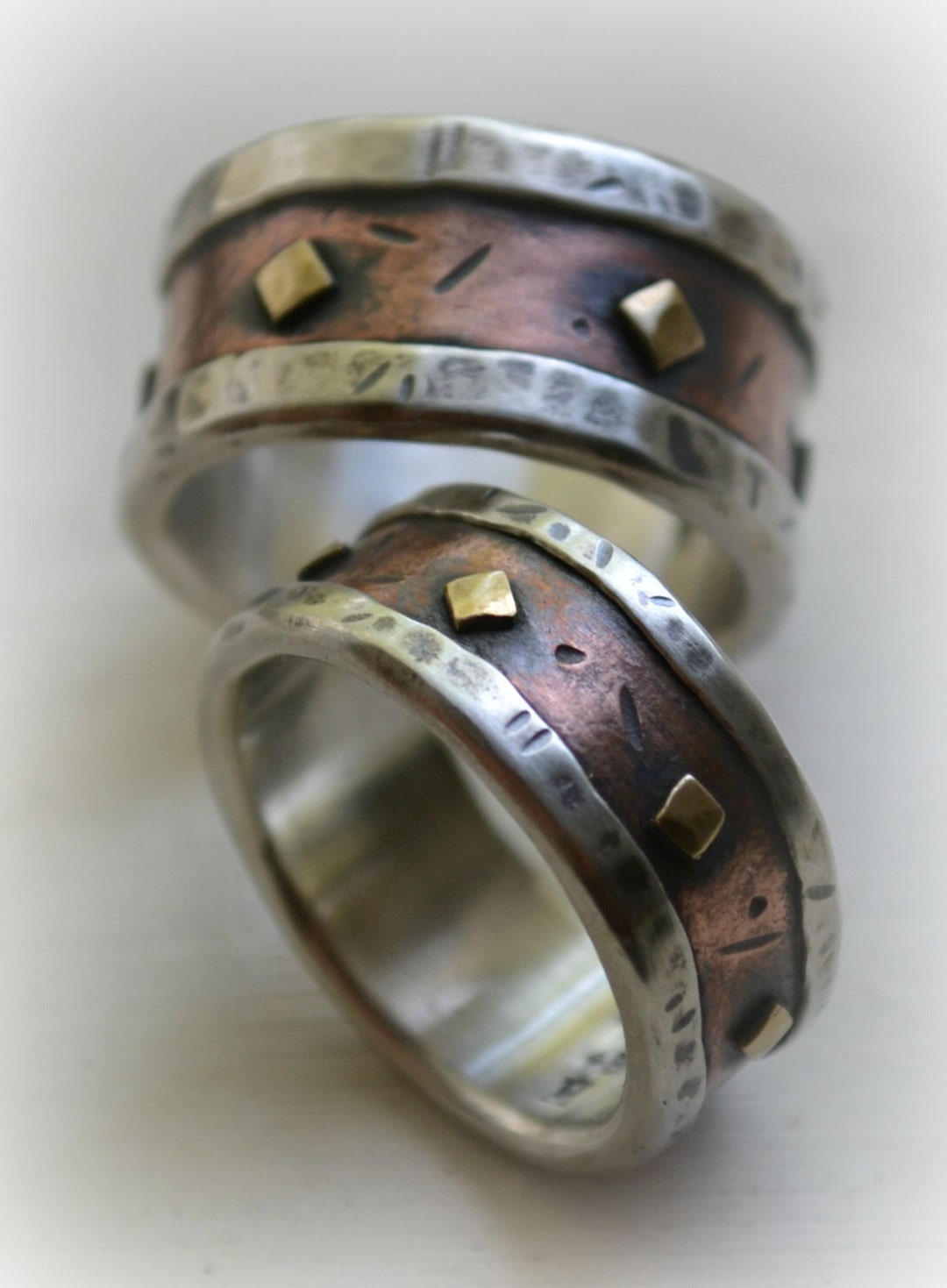 Rustic Wedding Ring Set, Fine Silver Copper and Brass, Handmade
