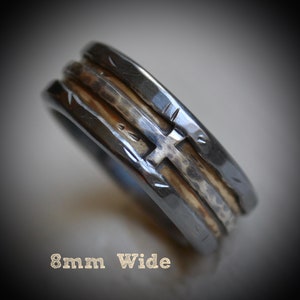 mens wedding band, rustic fine silver 14K yellow gold, sterling cross ring, handmade artisan designed wide band ring, manly ring, customized image 4