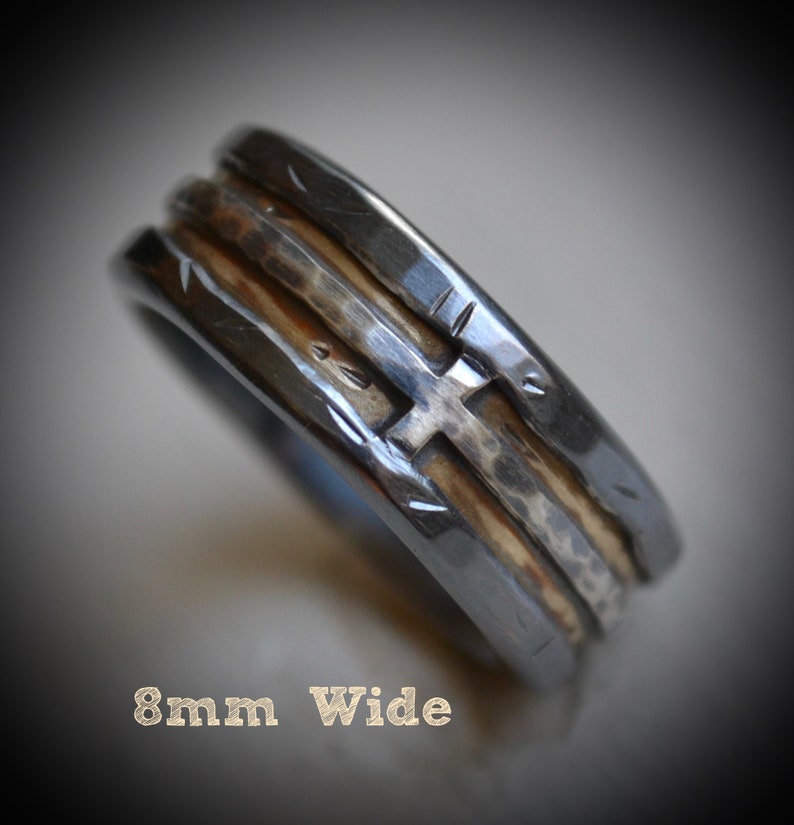 mens wedding band, rustic fine silver 14K yellow gold, sterling cross ring, handmade artisan designed wide band ring, manly ring, customized image 4