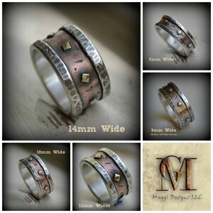 mens wedding band rustic fine silver rose and yellow gold ring handmade artisan designed wide band ring manly ring customized image 9