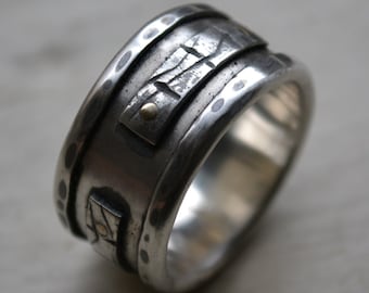 mens wedding band - rustic fine silver and sterling silver with 14k gold rivets - oxidized handmade ring - custom