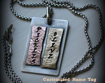 Custom Name Tag Necklace, Silver, Copper and Brass Necklace, Handmade Rustic Necklace, dog tag, Pet ID, oxidized handmade necklace, hammered