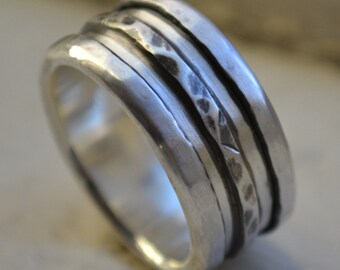 mens wide band - rustic oxidized fine silver and sterling silver - handmade artisan designed ring - custom