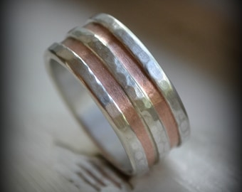mens wedding band - rustic fine silver, copper and sterling silver - handmade artisan designed ring - custom