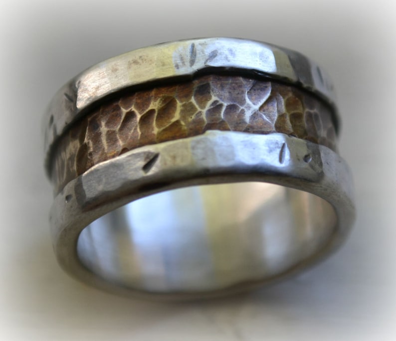 Mens wedding band rustic distressed fine silver and brass