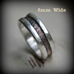 rustic wedding band fine silver and 14K rose gold handmade artisan designed wedding or engagement band oxidized ring customized image 4