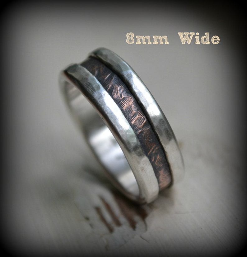 rustic wedding band fine silver and 14K rose gold handmade artisan designed wedding or engagement band oxidized ring customized image 4