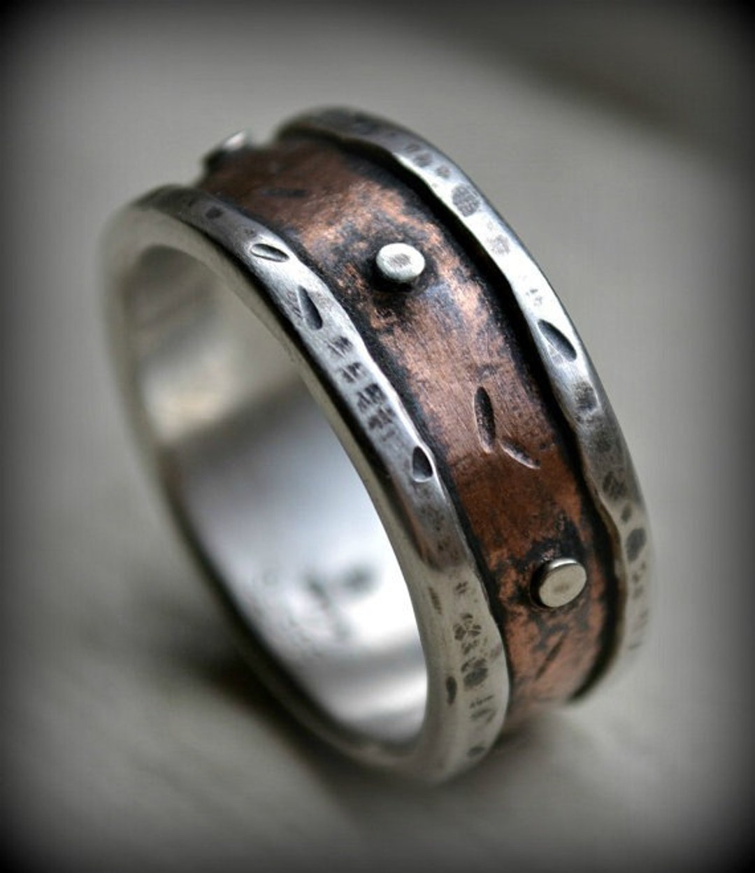 Mens Rustic Wedding Ring, Rustic Fine Silver and Copper or 14K
