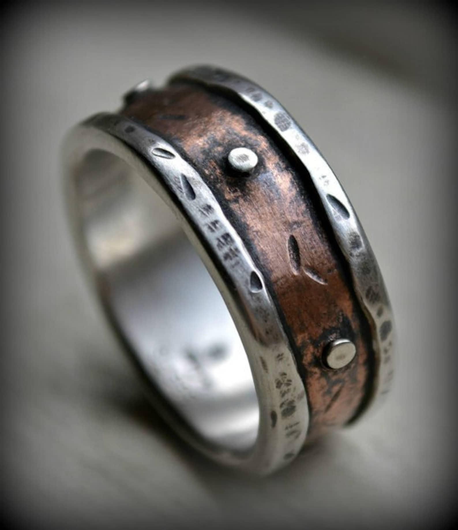 Mens rustic wedding ring rustic fine silver and copper or