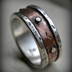 mens rustic wedding ring, rustic fine silver and copper or 14K rose gold ring with silver rivets, oxidized ring, industrial ring, customized