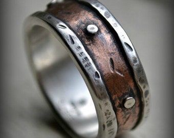 mens rustic wedding ring, rustic fine silver and copper or 14K rose gold ring with silver rivets, oxidized ring, industrial ring, customized