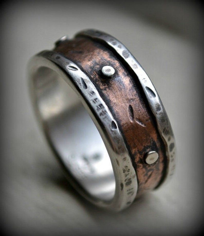 mens rustic wedding ring, rustic fine silver and copper or 14K rose gold ring with silver rivets, oxidized ring, industrial ring, customized image 1