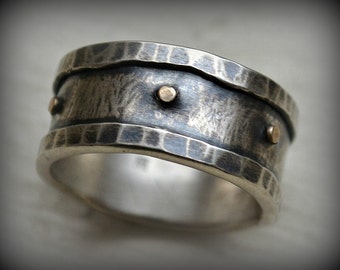 mens wedding band - handmade artisan designed fine and sterling silver with 14k gold rivets - oxidized - manly ring - custom hand stamping