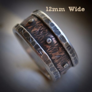 mens rustic wedding ring, rustic fine silver and copper or 14K rose gold ring with silver rivets, oxidized ring, industrial ring, customized image 4