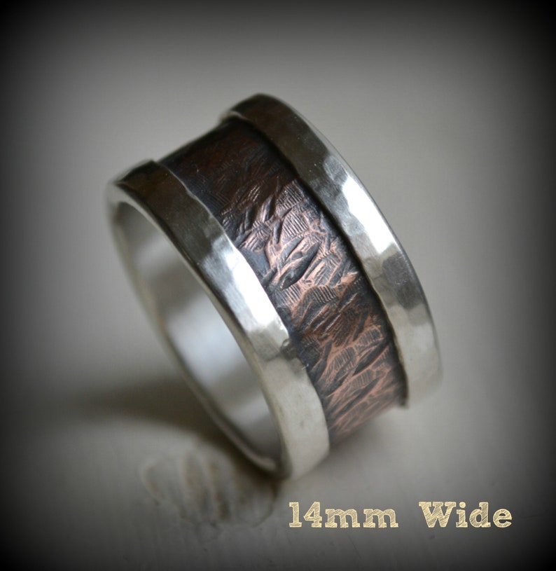 rustic wedding band fine silver and 14K rose gold handmade artisan designed wedding or engagement band oxidized ring customized image 6