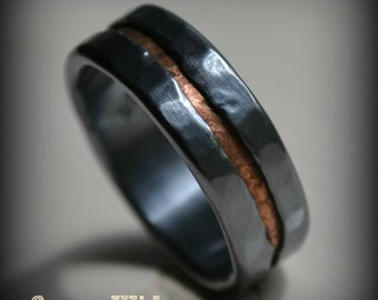 mens wedding band - rustic fine silver and copper or 14K Rose gold ring - handmade oxidized artisan designed wedding band - customized