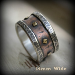 mens wedding band rustic fine silver copper and brass handmade artisan designed wide band ring customized ring custom hand stamping image 5