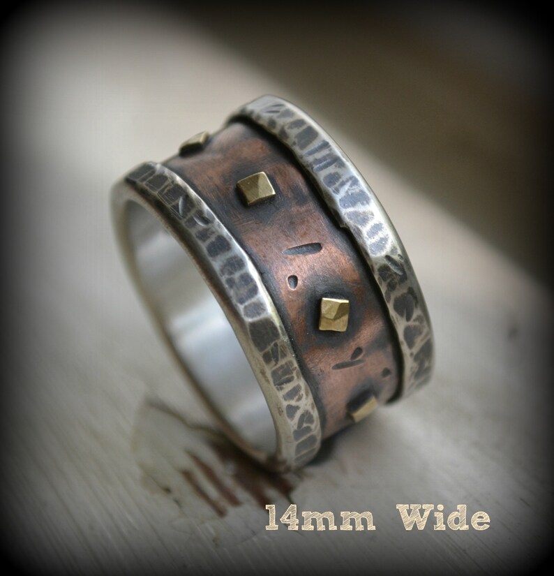 mens wedding band rustic fine silver copper and brass handmade artisan designed wide band ring customized ring custom hand stamping image 5