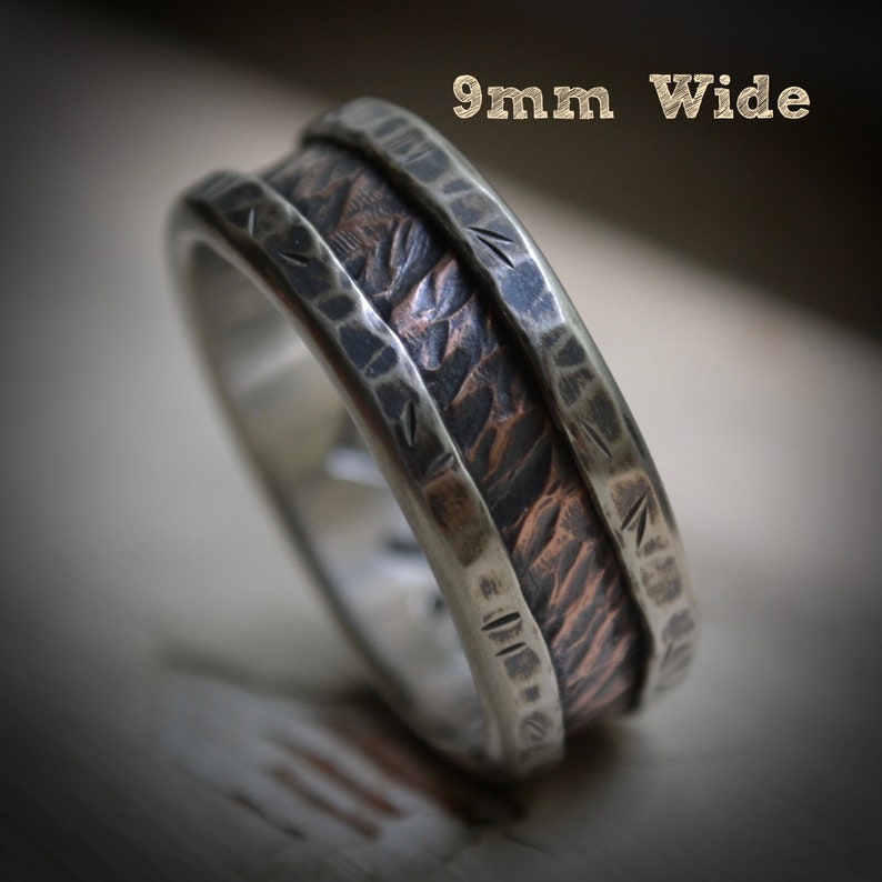 mens wedding band rustic fine silver and 14K rose gold handmade hammered artisan designed wide band ring manly ring customized image 3