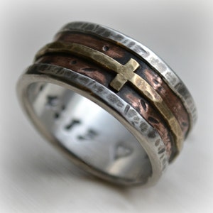 mens wedding band - rustic fine silver copper and brass cross - handmade artisan designed wide band ring - manly Christian ring - customized