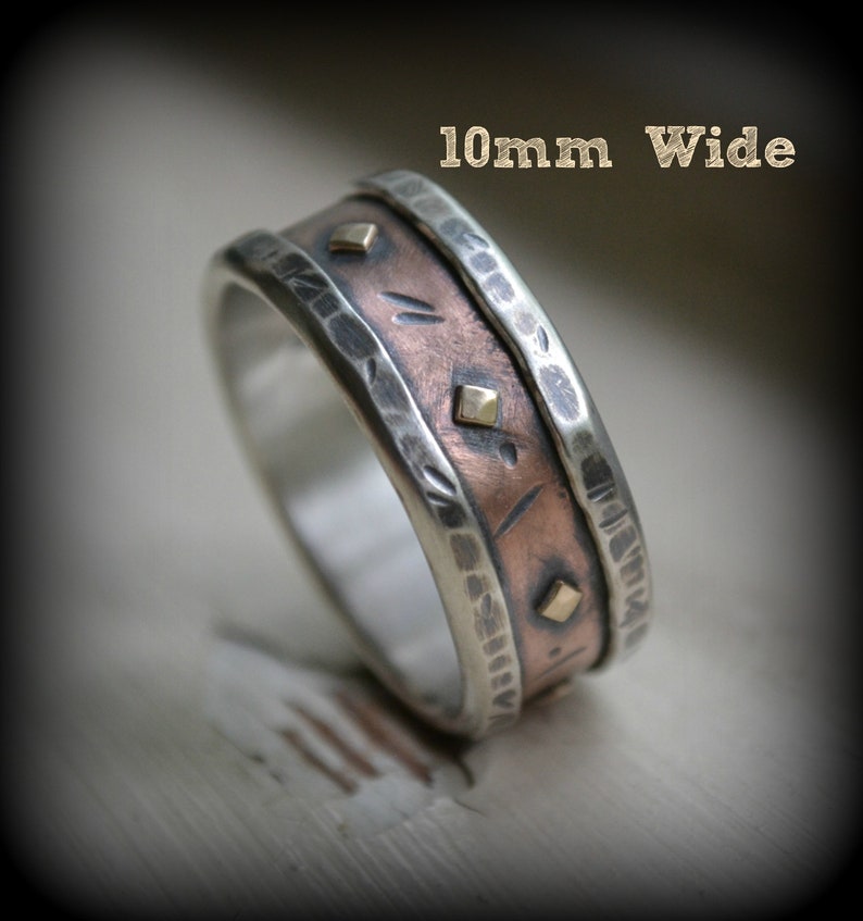 mens wedding band rustic fine silver rose and yellow gold ring handmade artisan designed wide band ring manly ring customized image 7