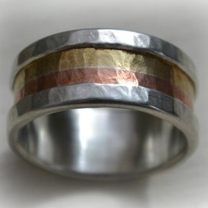 mens retro wedding band Marriage of Metal fine silver, copper and brass or 14K Rose & yellow gold ring handmade ring silver lining image 2