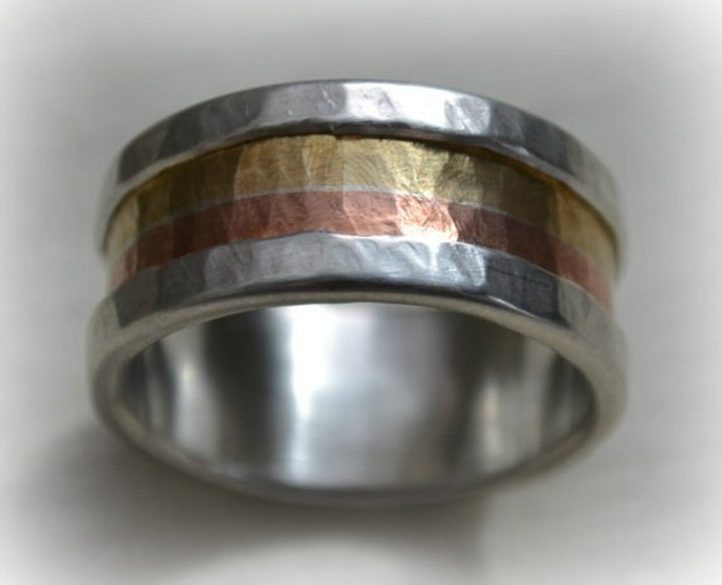 mens retro wedding band Marriage of Metal fine silver, copper and brass or 14K Rose & yellow gold ring handmade ring silver lining image 2