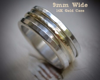 mens wedding band - rustic fine silver and 14k yellow gold ring - or silver and brass ring - handmade artisan wedding band - customized