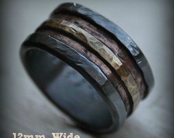 mens wedding band - handmade rustic fine silver copper and brass or 14K gold - manly ring - custom